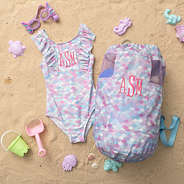 mermaid ruffle bathing suit beach flatlay