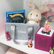 personalized kids toy box on bookshelf