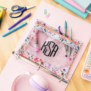 close up of personalized coral floral binder pouch