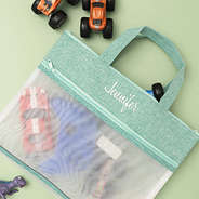 Seafoam toy storage bag flatlay