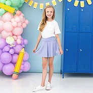 lavender girls twirl skort on addie with white t-shirt