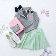 mint girls twirl skort flatlay with pullover sweatshirt