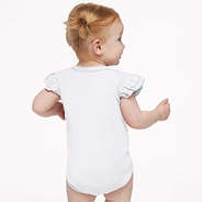 back of girl wearing monogrammed flutter sleeve bodysuit in white