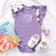 lavender flutter sleeve personalized bodysuit with paci clip