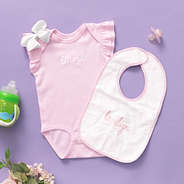 light pink monogrammed flutter sleeve bodysuit with outline bib