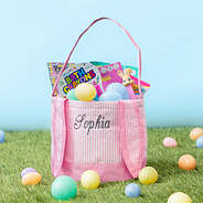 pink seersucker easter basket with easter eggs