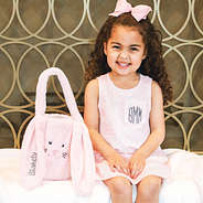 girls pink fuzzy easter basket with sleeveless dress