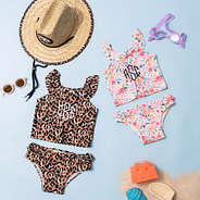 cheetah and coral floral monogrammed girls tankinis