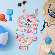 coral floral monogrammed tankini with seersucker straw hat