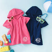 monogrammed toddler hooded towel poncho cover up in hot pink and navy