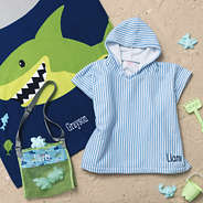personalized toddler hooded towel poncho in blue stripes with shark beach towel