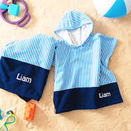 blue mini stripes toddler hooded towel poncho flatlay