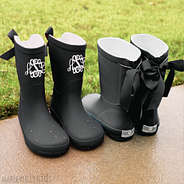 black monogrammed kids rain boots