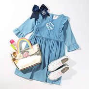 navy girls hair bow with denim ruffle dress