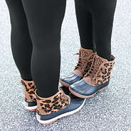Mom and me leopard duck boots outside
