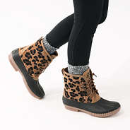 side view of leopard spots duck boots