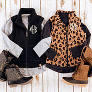 kids microfleece vests in charcoal and leopard with duck boots