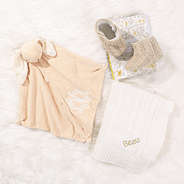 bunny lovie, baby blanket, and baby booties