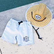 boys navy seersucker straw hat + swim trunks