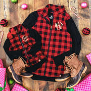 mom and me red buffalo plaid vest outfits