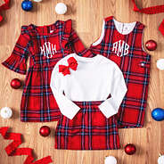 kids holiday plaid dress, jon jon, & skirt outfits