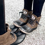 kids dark brown and black duck boots