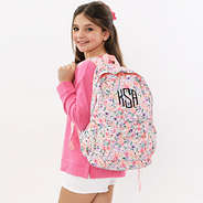 coral floral kids monogrammed basic backpack on back