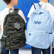 basic backpack duo in camo and navy seersucker