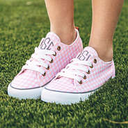 monogrammed gingham girls sneakers in pink
