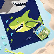 kids monogrammed beach towel in sharks with matching seashell bag
