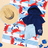 personalized crabs beach towel with toddler swim trunks and hooded towel
