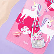 unicorns monogrammed kids beach towel with matching seashell bag