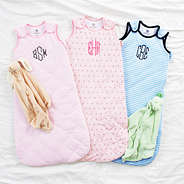 monogrammed baby wearable blankets in peony, pink stripe, & blue stripe