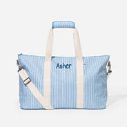 monogrammed kids weekend bag in navy seersucker