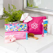 monogrammed kids toiletry bag MLEO in bathroom