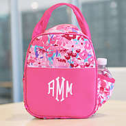 pink prairie personalized lunch box with water bottle in side pocket