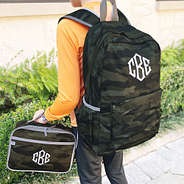 camo kids basic backpack and lunchbox outside