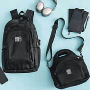 black backpack and matching personalized lunch box