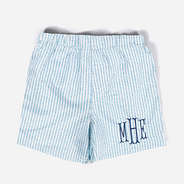 monogrammed baby swim trunk in navy seersucker