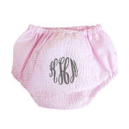 monogrammed pink and white seersucker baby bloomers
