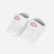 monogrammed baby shoes in white with pink monogram
