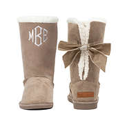 monogrammed kids sherpa tie booties in tan