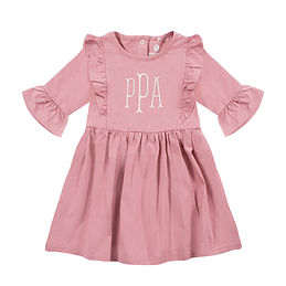 monogrammed kids ruffle dress in mauve