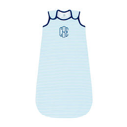 monogrammed baby wearable blankets in blue and white stripes