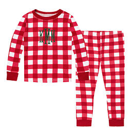 monogrammed kids pajamas in red plaid