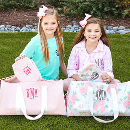 For the Kids - Monogrammed 2 Piece Travel Set - Large Boxy Duffle &  Essentials Travel Bag - Multi Color Chevron - FREE SHIP / Tween Gift /  Sleepover