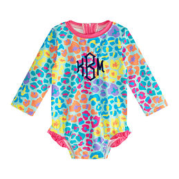 monogrammed kids rashguard swimsuit in leopard luau