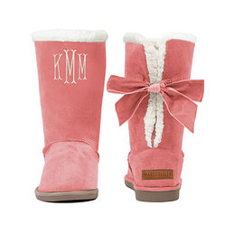 monogrammed kids sherpa tie booties in pink