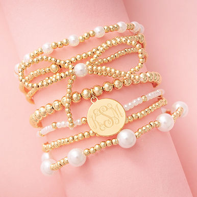 Monogrammed Pearl Bow Bracelet Stack
