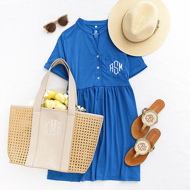 Monogrammed Split Neck Gathered Dress